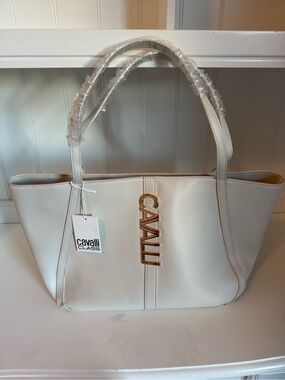 Cavalli Class Cream Leather Tote with Gold Vertical Logo